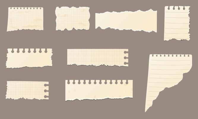 Scrapbook retro paper sheet set. Old torn pages vintage collection.