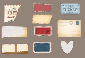 Old torn paper pieces set. Scrapbook retro elements collection. Vintage paper sheets, labels, tag vector
