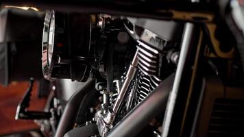 motorcycle engine in garage , Focus on the Cylinder block head and filter ,close up view. video