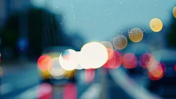 Closeup of a rain droplet sliding down a car window distorting the street lights in the background.. video