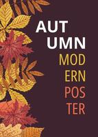 Modern autumn poster with vibrant leaves on dark background. Perfect for seasonal designs, greeting cards, and digital projects. Warm, inviting fall theme with colorful leaf illustrations. vector