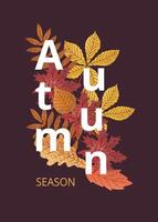 Autumn season poster with colorful leaves and text on dark background. Perfect for seasonal designs, greeting cards, and digital projects. Warm, inviting fall theme with vibrant leaf illustrations. vector
