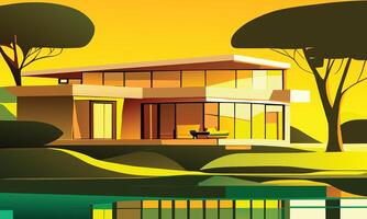 Landscape in green and yellow tones with a modern bungalow on the background of a clear pond. graphics vector
