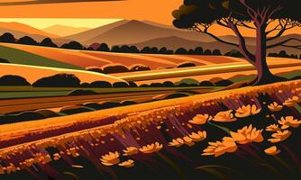 Spring landscape with meadows and distant mountains, illustration. vector