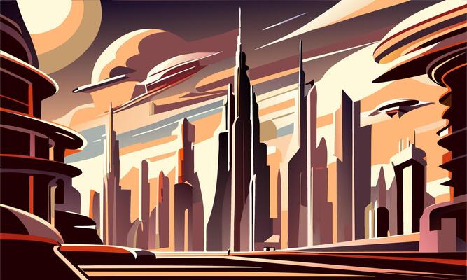 Abstract alien futuristic cityscape in light colors.