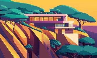 graphics. A multicolored landscape with a modern bungalow on a cliff against a sunset background vector