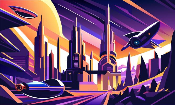 Abstract poster in vintage style with a bright futuristic city.