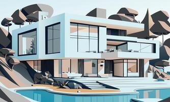 Bright modern minimalist house in the mountains with a river. graphics vector
