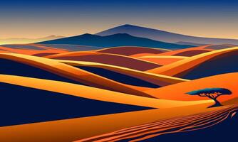 Bright landscape with a lonely bush in the desert dunes, illustration. vector