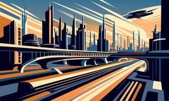 Digital retro poster on the theme of future cityscape and futuristic railway. vector