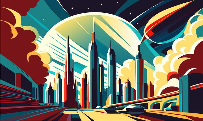 Futuristic bright, contrasting city of the future on a new planet.