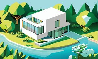 graphics. Landscape in green and blue tones with a bright modern cottage on the island. View from above vector