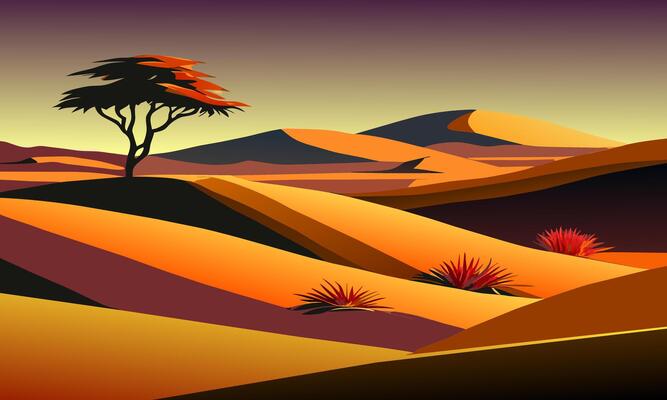 Landscape with plants in the desert dunes, illustration.