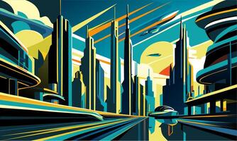 Futuristic cityscape against the backdrop of a bright sky and spaceships. vector