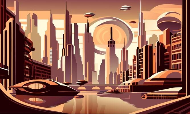 Futuristic space cityscape with a view from an open window.