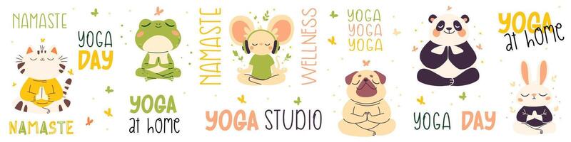 collection of animals in lotus pose. Pug, panda, rabbit, mouse, cat and frog in lotus pose meditating, yoga lettering vector