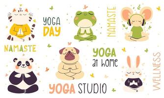 collection of animals in lotus pose. Pug, panda, rabbit, mouse, cat and frog in lotus pose meditating, yoga lettering vector
