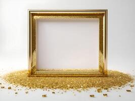 Empty gold frame, golden glitter on white background, copy space, banner or title. photo