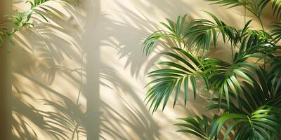 Tropical palm leaves foliage with sunlight shadows on light cream wall. Minimalistic abstract beautiful blurred summer or spring background mockup for product presentation. photo
