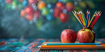 Teacher or student school supplies, equipment, items, things and apple snack on wooden table, educational background. Back to school or happy teachers day concept with copy space. photo