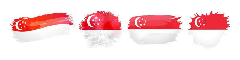 Set of creative flag icons. Flag of Singapore watercolor decorative design. Welcome to Singapore invitation element. Branding concept. Independence Day congrats template. Abstract brushing strokes. vector