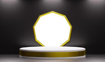 White podium with golden frame and ribbon, isolated on black background. photo