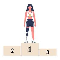 Paralympic champion with a prosthetic leg on the victory podium. Victory in sports competitions. illustration. vector