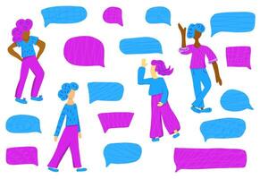 Set of speech bubbles and girls characters. vector