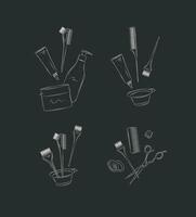 Hair dye tools and accessories compositions drawing on black background vector