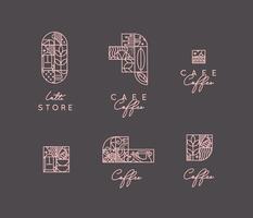 Set of creative modern art deco coffee symbols in flat line style drawing on brown background. vector