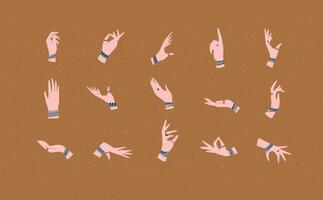 Hands with bracelets and rings in ethnical style in different positions to express feelings and emotions drawing on mustard background vector
