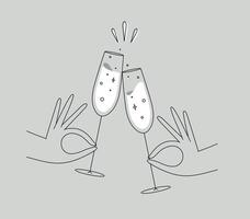 Hand holding champagne clinking glasses drawing in flat line style on grey background vector