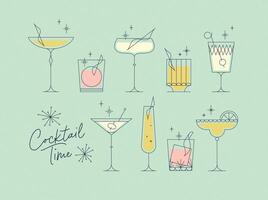 Cocktails time set with glasses drawing in retro style on green background vector
