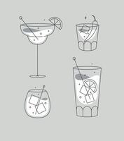 Cocktail glasses margarita whiskey long island old fashioned drawing in flat line style on grey background vector