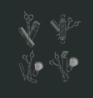 Barbershop symbol compositions collection with clipper, trimmer, blade, shaving brush, scissors, comb, straight razor, barber pole drawing on black background vector