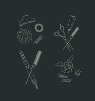 Collection of tools and accessories for creating hairstyles drawing on black background vector