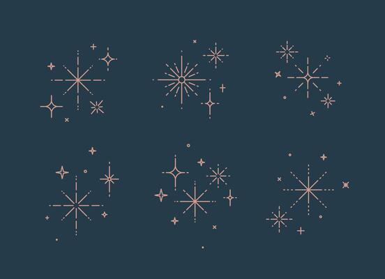 Clink splashes, stars, glowing in flat line art deco style drawing on blue background