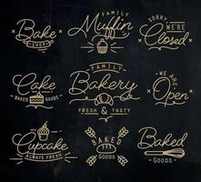 Flat bakery symbols in vintage style drawing with gold lines on chalkboard background vector