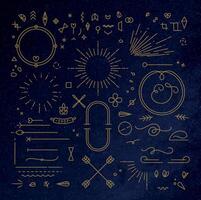 Flat design elements in vintage style drawing with gold lines on blue background vector