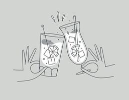 Hand holding pina colada and cuba libre cocktails clinking glasses drawing in flat line style on grey background vector