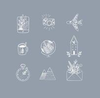 Set of travel nature icons in hand made line style tablet, camera, plane, tea cup, globe, house building, clock, mountains, envelope drawing on grey background vector