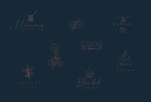 Set of minimalism modern coffee elements drawing in flat line style on blue background vector