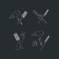 Hair styling tools and accessories compositions drawing on black background vector