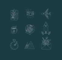 Set of travel nature icons in hand made line style tablet, camera, plane, tea cup, globe, house building, clock, mountains, envelope drawing on dark blue background vector
