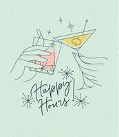 Poster clinking glasses with lettering happy hours drawing with color on green background vector
