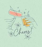 Poster clinking glasses with lettering cheers drawing with color on green background vector