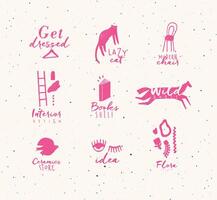 Crosshatch pen line style modern symbols drawing in pink color on beige background vector