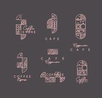 Set of creative modern art deco coffee labels in flat line style drawing on brown background. vector