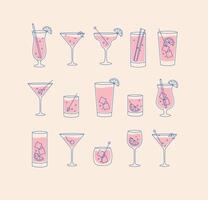 Alcohol drinks and cocktails icon set in flat line style on beige background. vector