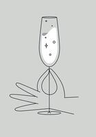 Hand holding glass of champagne drawing in flat line style on grey background vector